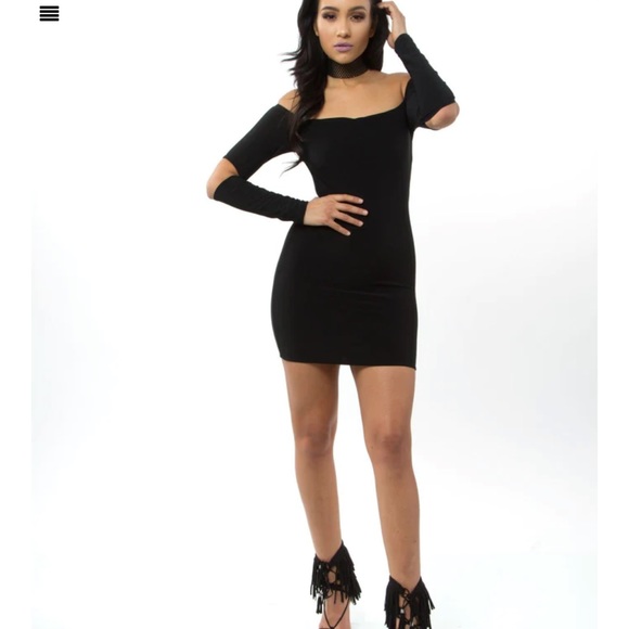 THE MYSTYLEMODE BLACK DOUBLE LINED OFF THE SHOULDER ELBOW CUT OUT MINI DRESS - Picture 3 of 9